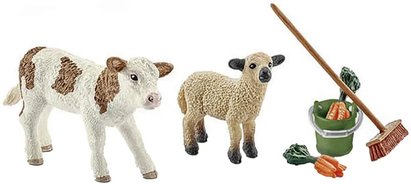 Schleich Farm World 41422 : Kit nettoyage étable avec veau et agneau